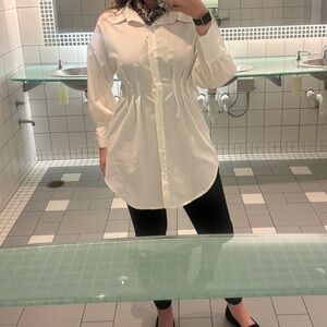 Cinched Waist Long Women’s White Button-Up Shirt Dress